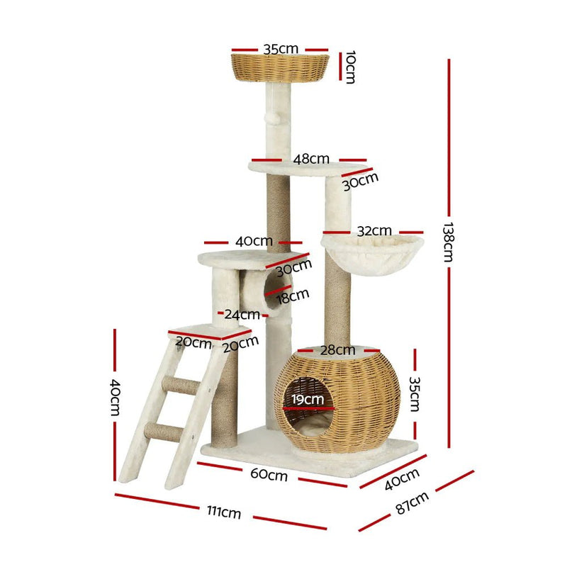 138cm Modern Rattan Cat Tower Scratching Post Condo House Of
