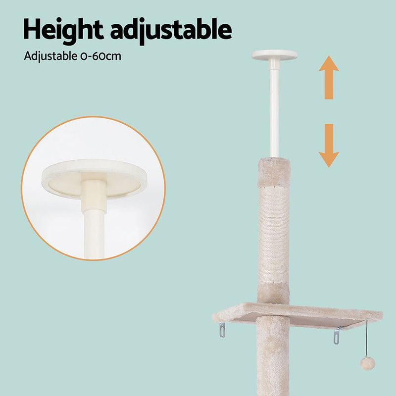 290cm Adjustable Height Cat Scratching Post Tree with Cubby House - Grey - House Of Pets Delight (HOPD)