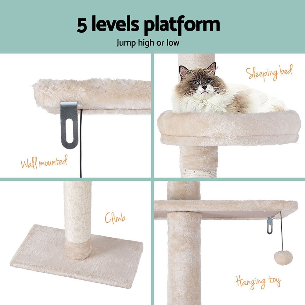 290cm Adjustable Height Cat Scratching Post Tree with Cubby House - Grey - House Of Pets Delight (HOPD)