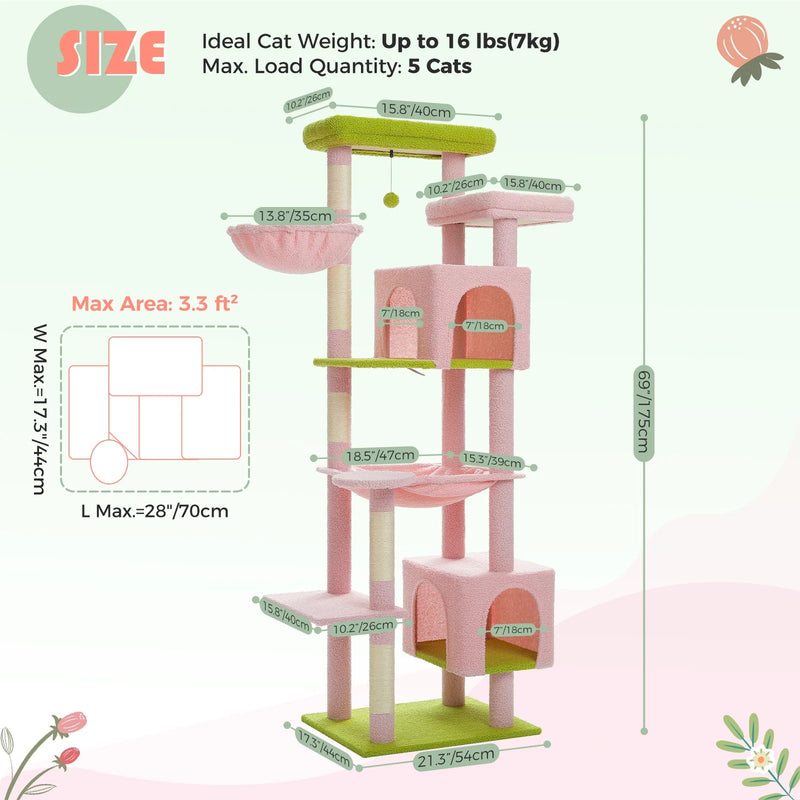 7 Level Cat Tree Tower Scratching Condo 175cm - Pink/Green - House Of Pets Delight (HOPD)