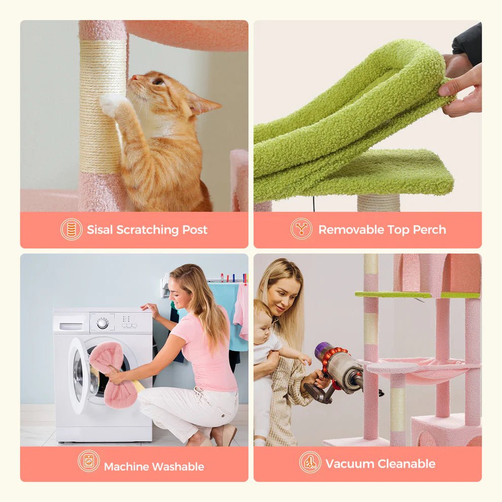 7 Level Cat Tree Tower Scratching Condo 175cm - Pink/Green - House Of Pets Delight (HOPD)