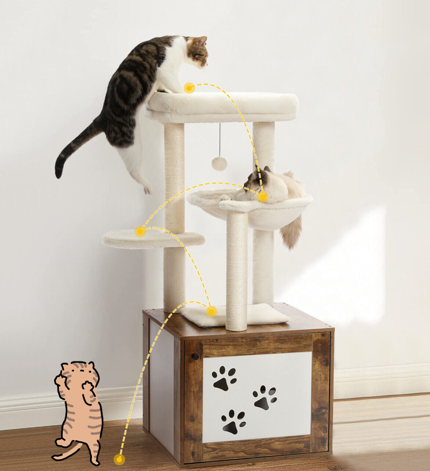 Wooden Cat Tree Tower With Litter Box Enclosure - Brown