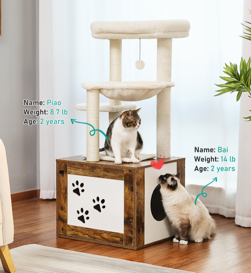 Wooden Cat Tree Tower With Litter Box Enclosure - Brown