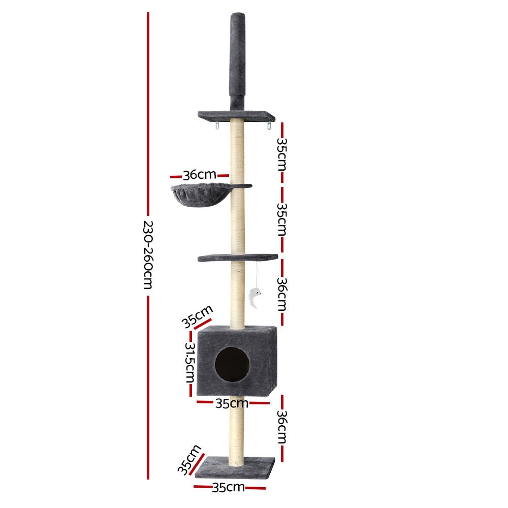 Adjustable Height Cat Scratching Post Tree with Cubby House - Dark Grey - House Of Pets Delight (HOPD)