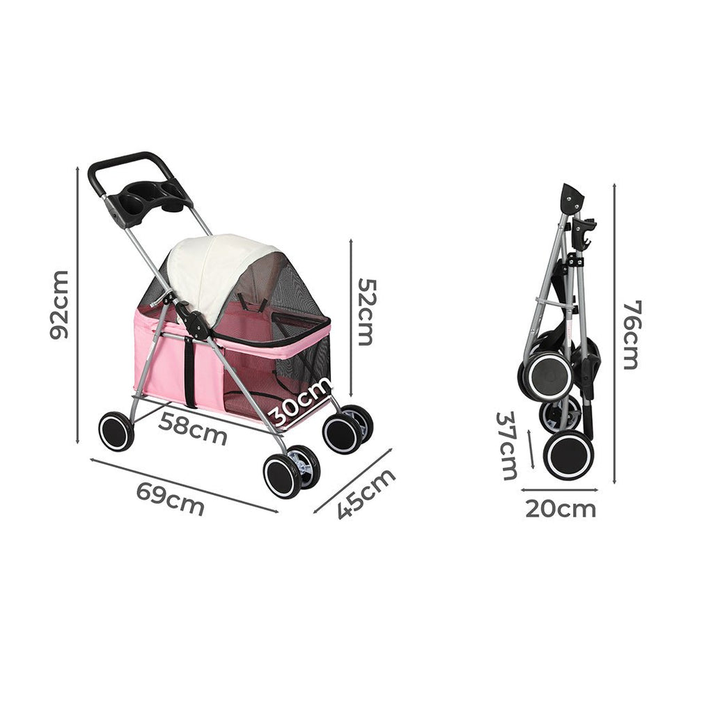 Foldable 4-Wheel Pet Stroller for Dogs & Cats in Pink - House Of Pets Delight (HOPD)