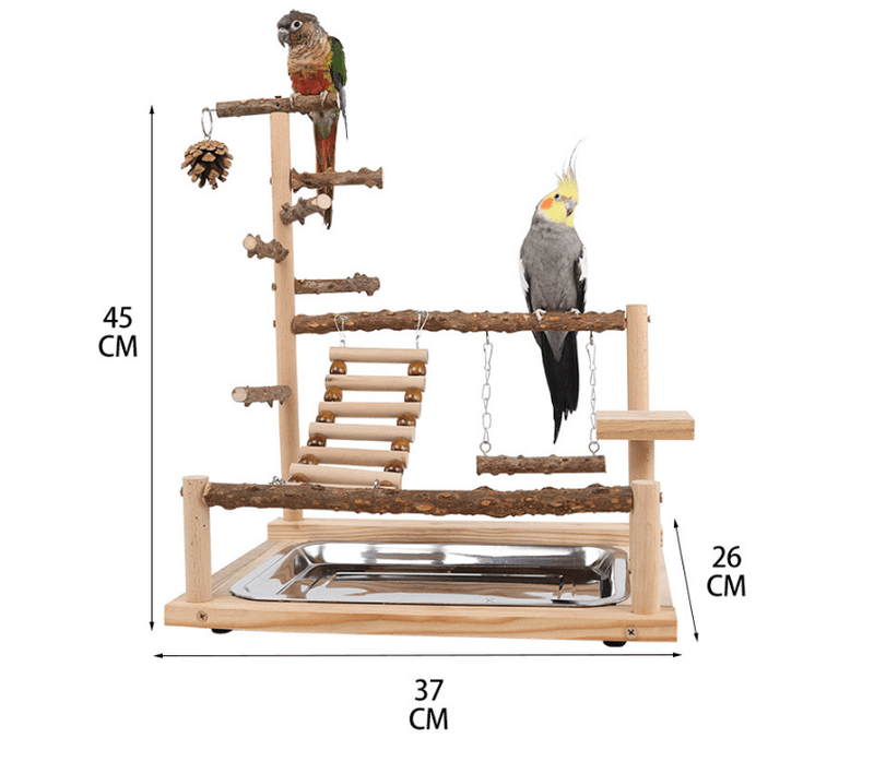 Natural Wooden Bird Play Stand - Multi - Level Parrot Perch with Toys & Ladder - House Of Pets Delight (HOPD)