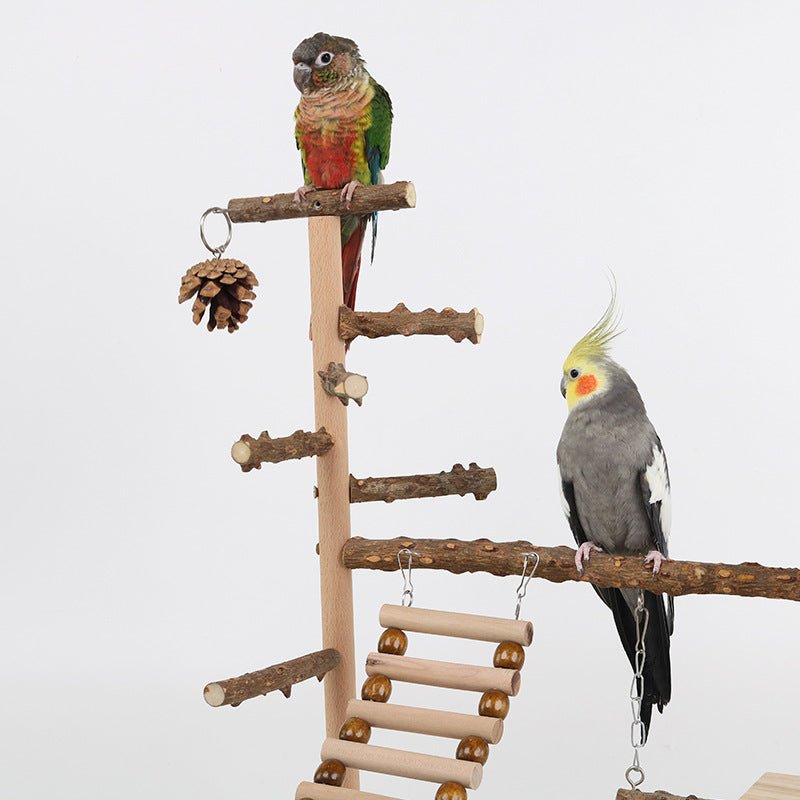 Natural Wooden Bird Play Stand - Multi - Level Parrot Perch with Toys & Ladder - House Of Pets Delight (HOPD)