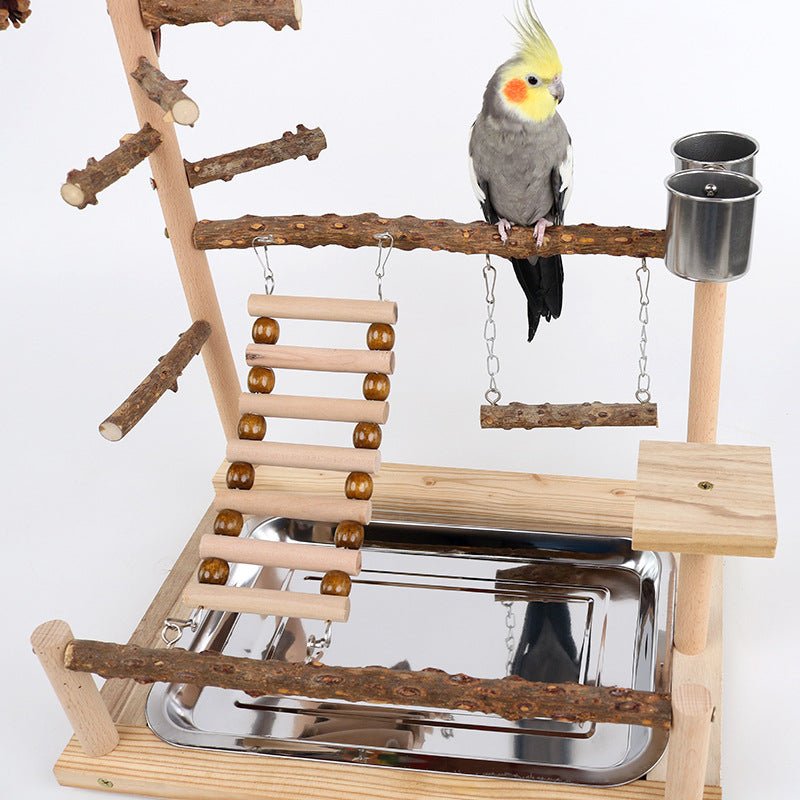 Natural Wooden Bird Play Stand - Multi - Level Parrot Perch with Toys & Ladder - House Of Pets Delight (HOPD)