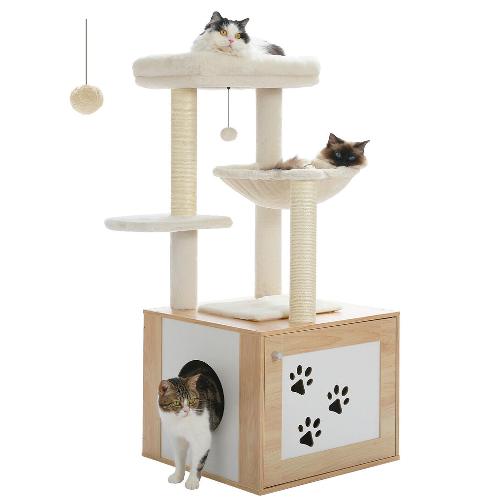 Wooden Cat Tree Tower With Litter Box Enclosure - Beige