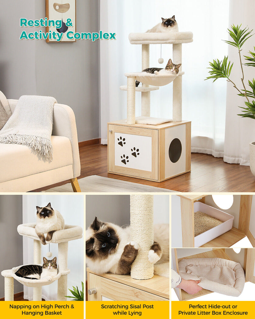 Wooden Cat Tree Tower With Litter Box Enclosure - Beige
