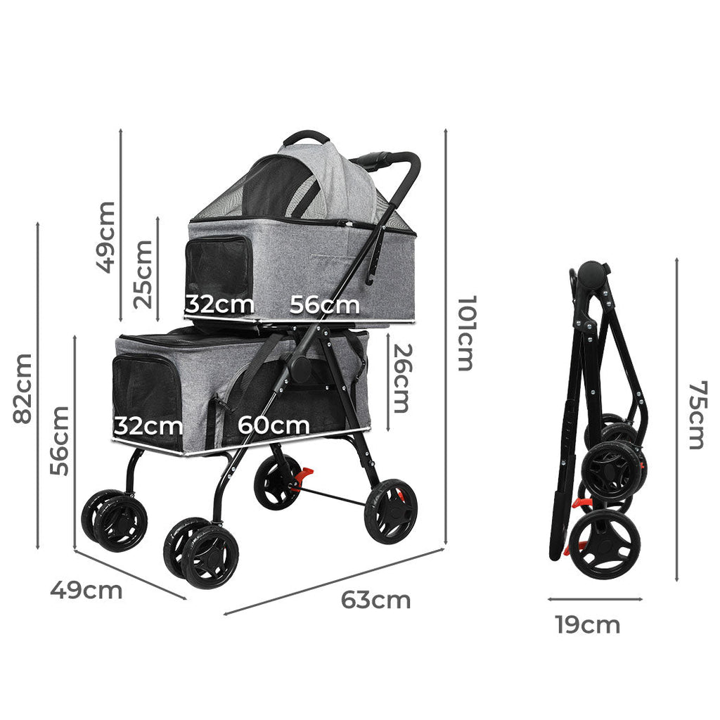 Two - tier Double Dog Pet Stroller - Grey - House Of Pets Delight (HOPD)