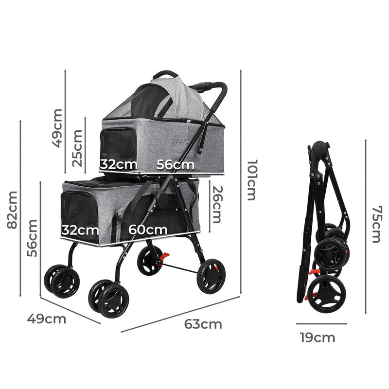 Two - tier Double Dog Pet Stroller - Grey - House Of Pets Delight (HOPD)