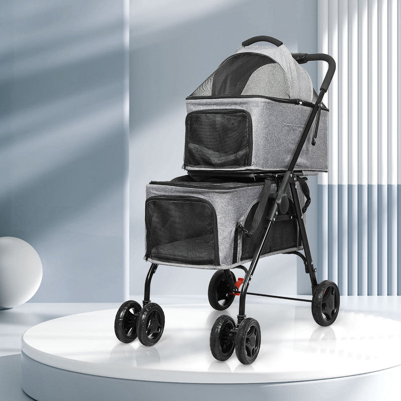 Two - tier Double Dog Pet Stroller - Grey - House Of Pets Delight (HOPD)