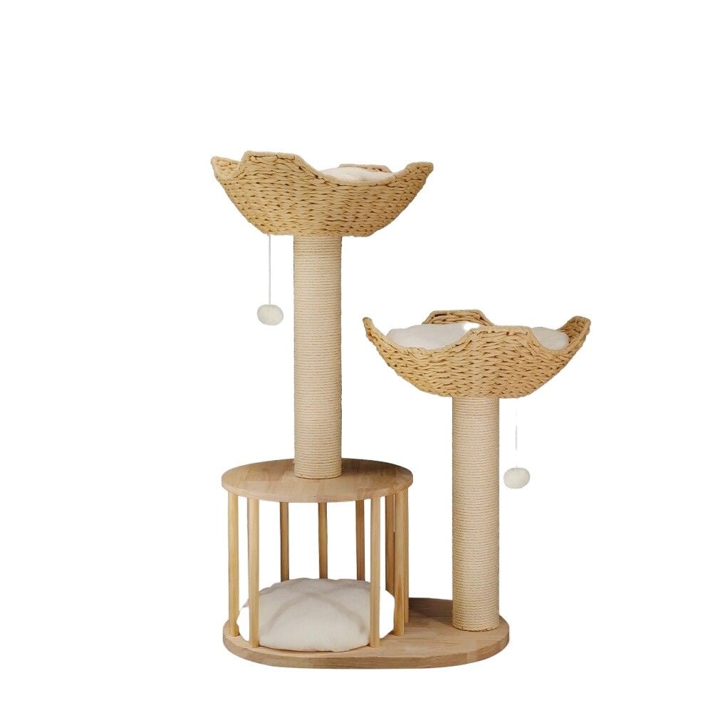 Wooden Rattan Cat Tree Tower Large with Open Condo Bed - House Of Pets Delight (HOPD)