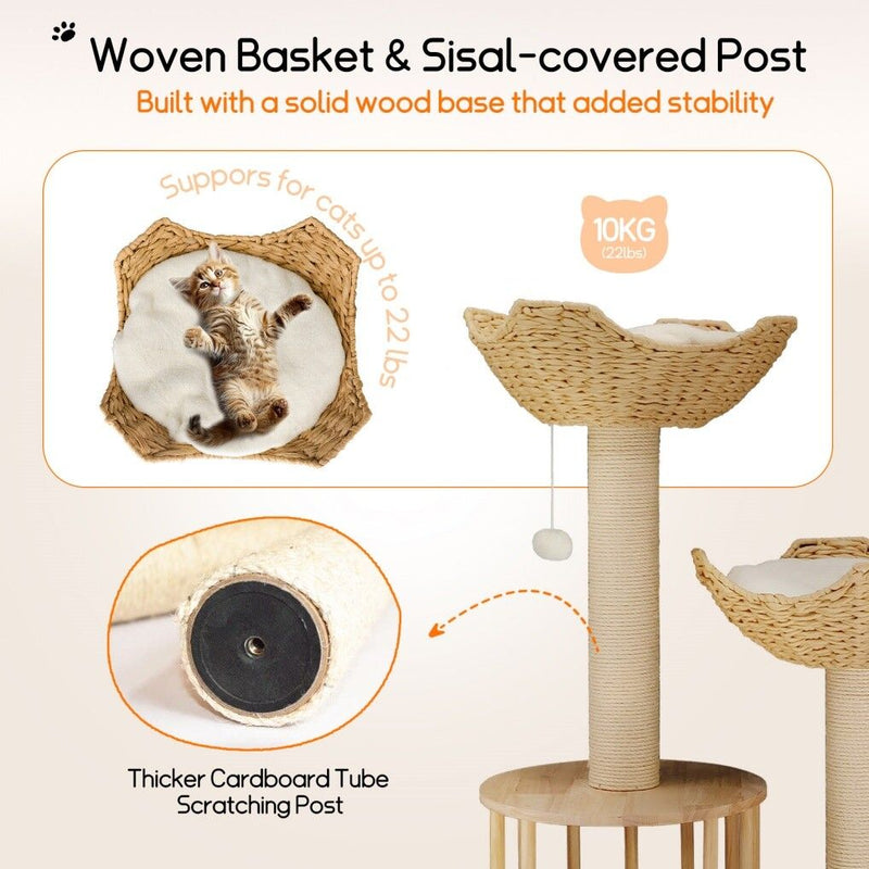 Wooden Rattan Cat Tree Tower Large with Open Condo Bed - House Of Pets Delight (HOPD)