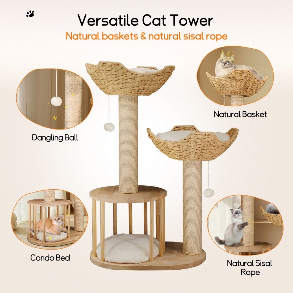 Wooden Rattan Cat Tree Tower Large with Open Condo Bed - House Of Pets Delight (HOPD)