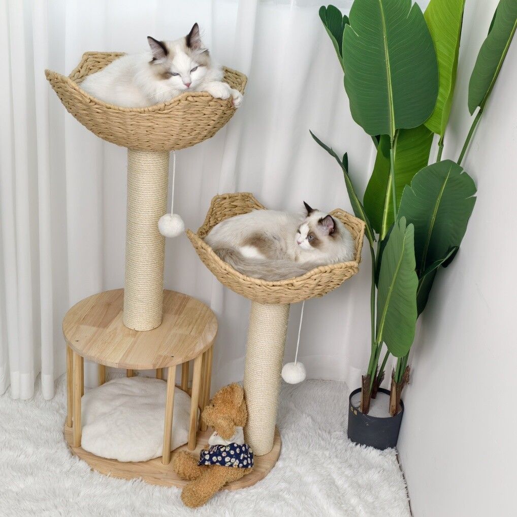 Wooden Rattan Cat Tree Tower Large with Open Condo Bed - House Of Pets Delight (HOPD)