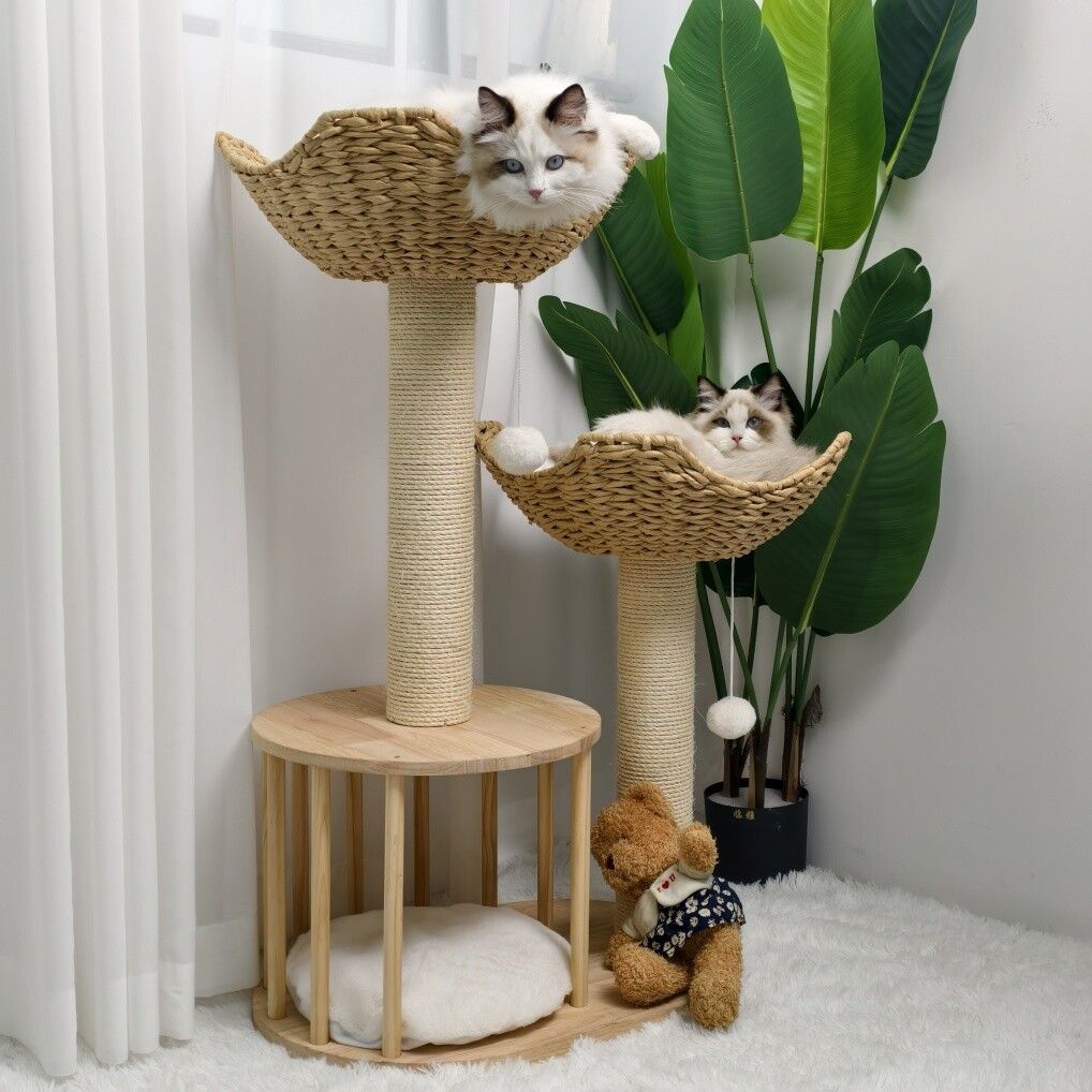 Wooden Rattan Cat Tree Tower Large with Open Condo Bed - House Of Pets Delight (HOPD)