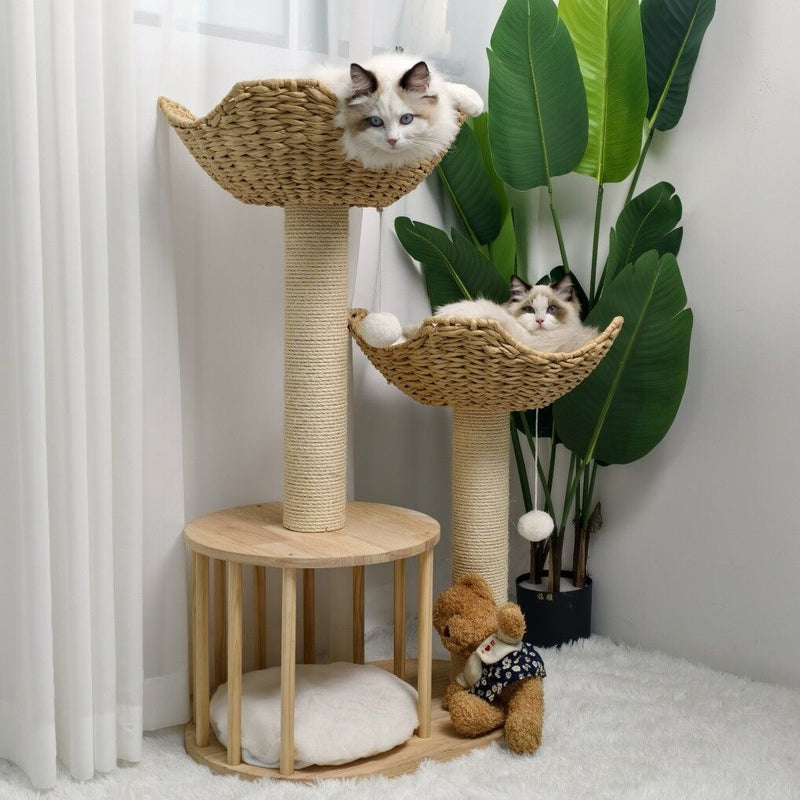 Wooden Rattan Cat Tree Tower Large with Open Condo Bed - House Of Pets Delight (HOPD)