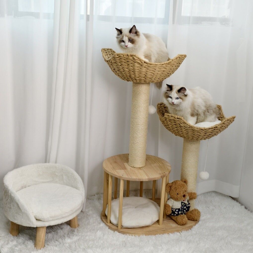 Wooden Rattan Cat Tree Tower Large with Open Condo Bed - House Of Pets Delight (HOPD)