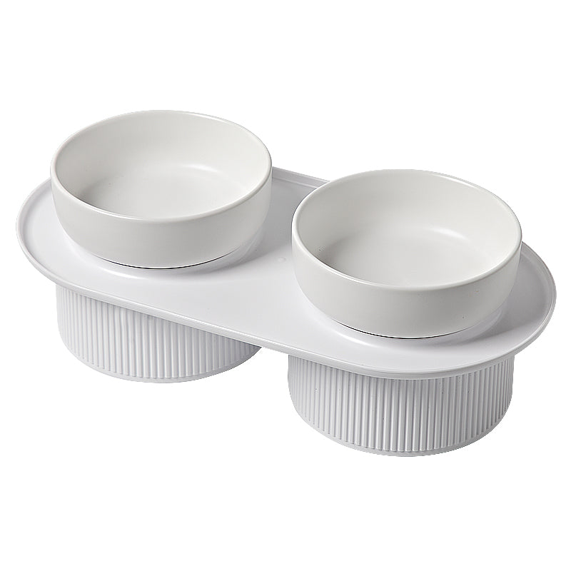 Pre Order - Ribbed Ceramic Double Pet Bowl 3pc Set - White