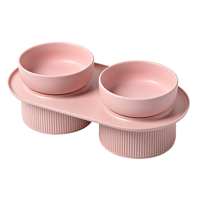 Pre Order - Ribbed Ceramic Double Pet Bowl 3pc Set - Pink