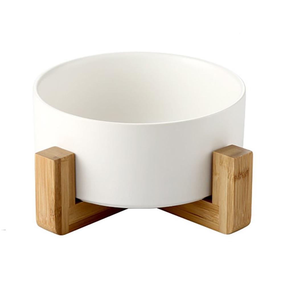 Ceramic Bowl with Wooden Stand in White-House of Pets Delight