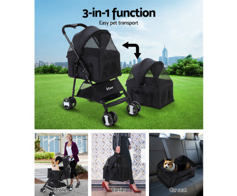 Pet Stroller & Carrier Foldable Pram 3 in 1 - Black-House of Pets Delight