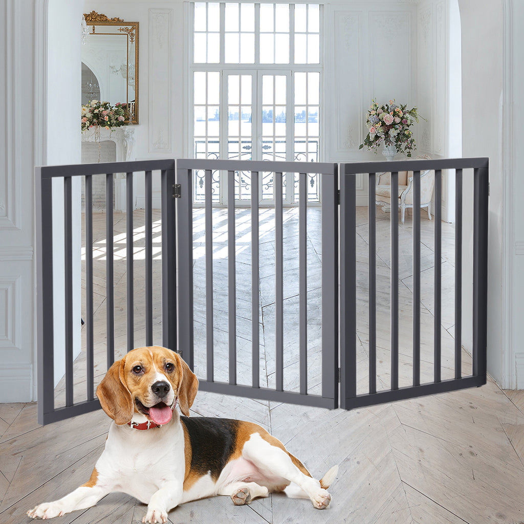 Retractable Barrier Wooden Pet Gate Dog Fence 3 Panel Grey