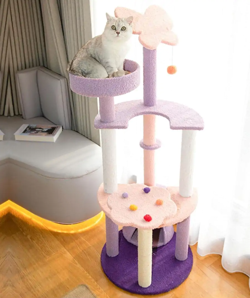 128cm Butterfly Plush Cat Condo Cat Tree in Pink Purple
