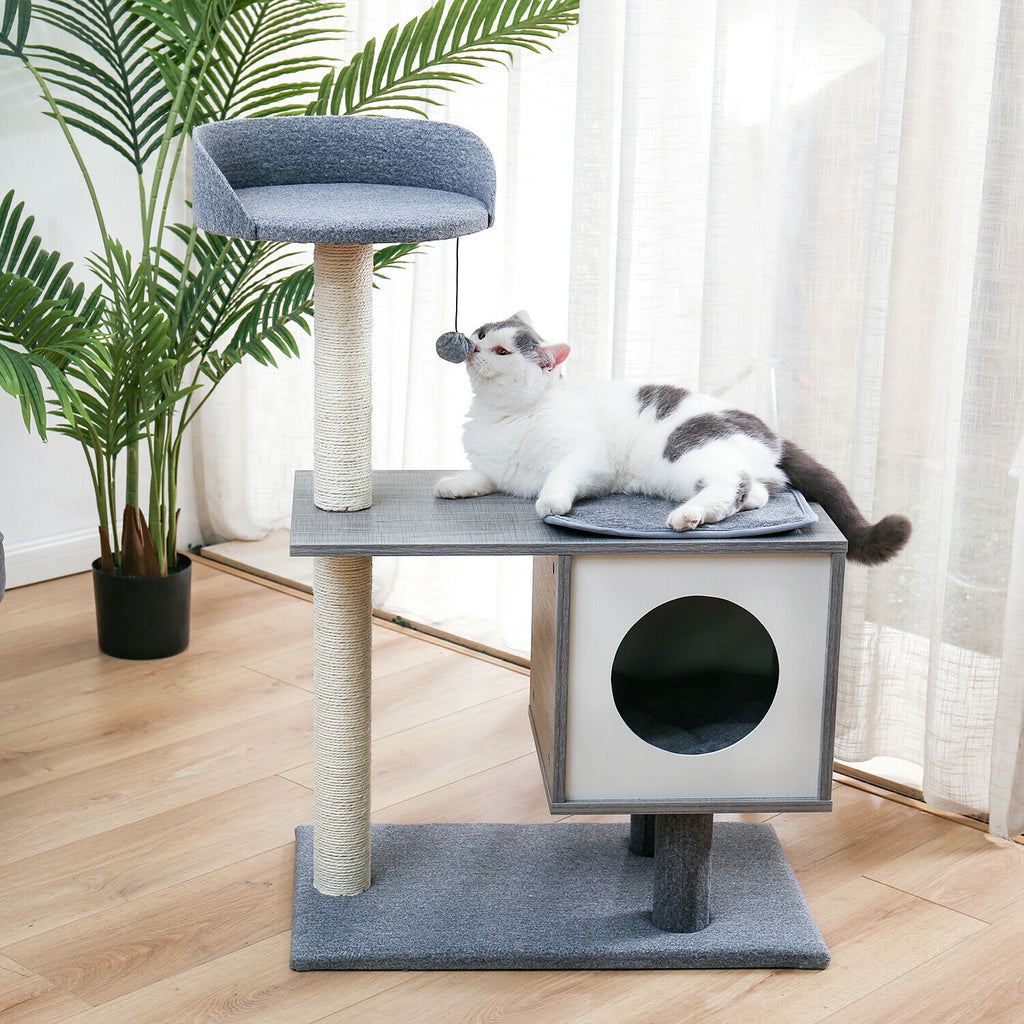 Wooden Cat Gym House Post - Grey-Pawz