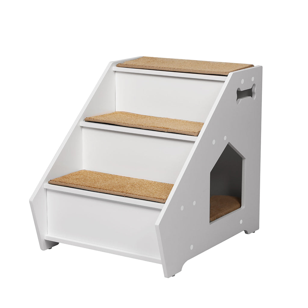 Wooden Dog Steps with Bed - White