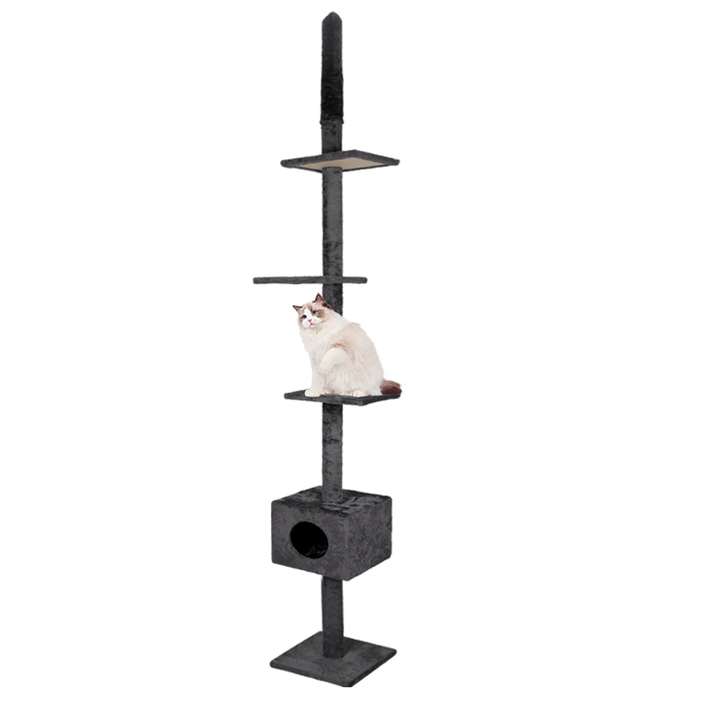 Adjustable Height Cat Scratching Post Tree with Cubby House- Charcoal