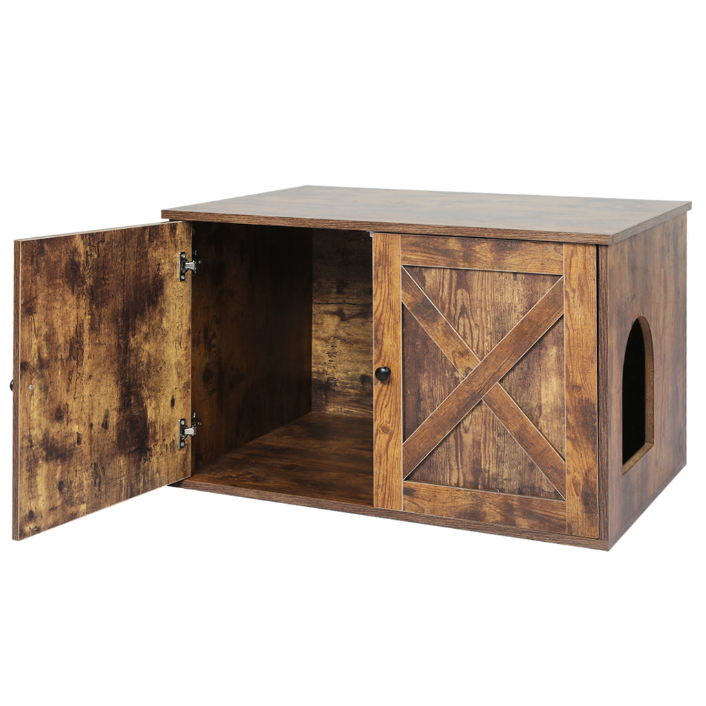 Enclosed Hooded Cat Litter Box Bed Furniture - Rustic Brown