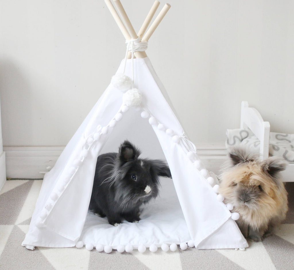 Pom Pom Teepee With Mat in White-House of Pets Delight