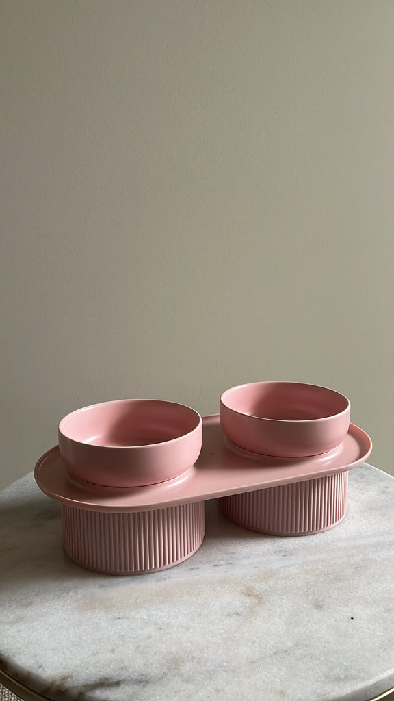 Ribbed Ceramic Double Pet Bowl 3pc Set - Pink PRE ORDER