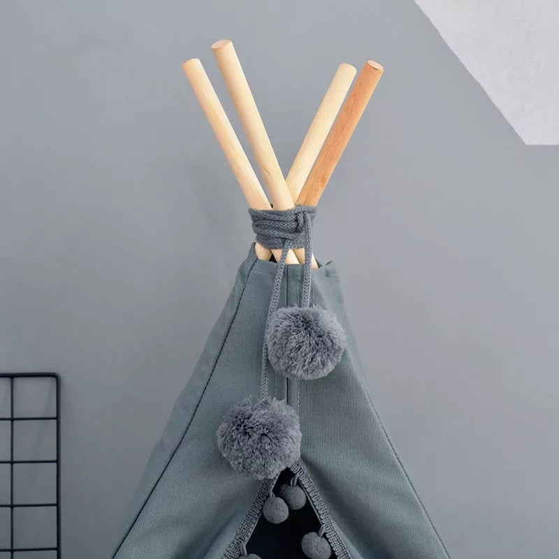 Pom Pom Teepee With Mat in Grey-House of Pets Delight