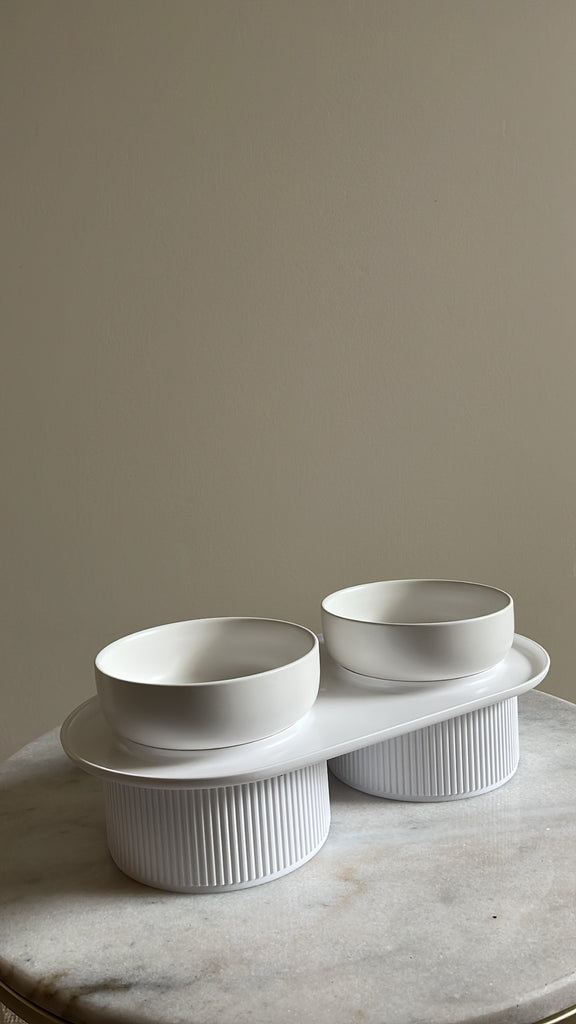 Ribbed Ceramic Double Pet Bowl 3pc Set - White PRE ORDER