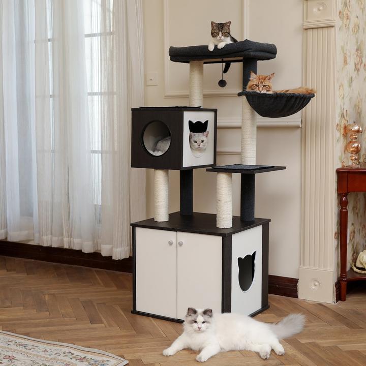 Midnight Wooden Modern Cat Tower With Storage Closet-Pawz