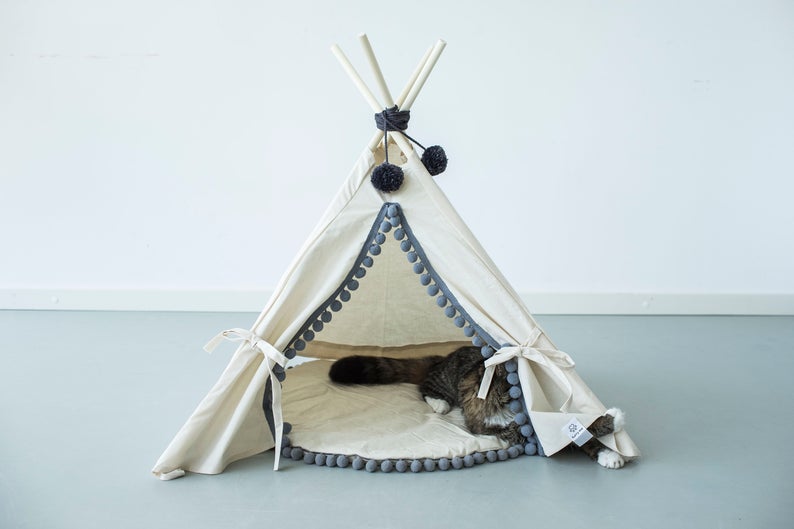 Natural Canvas Cotton Pom Pom Pet Teepee in Cream & Grey-House of Pets Delight