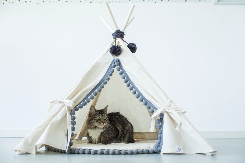 Natural Canvas Cotton Pom Pom Pet Teepee in Cream & Grey-House of Pets Delight