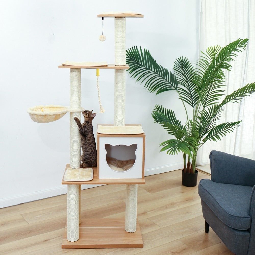 Wooden Large Hammock Cat Tree in Beige-House Of Pets Delight