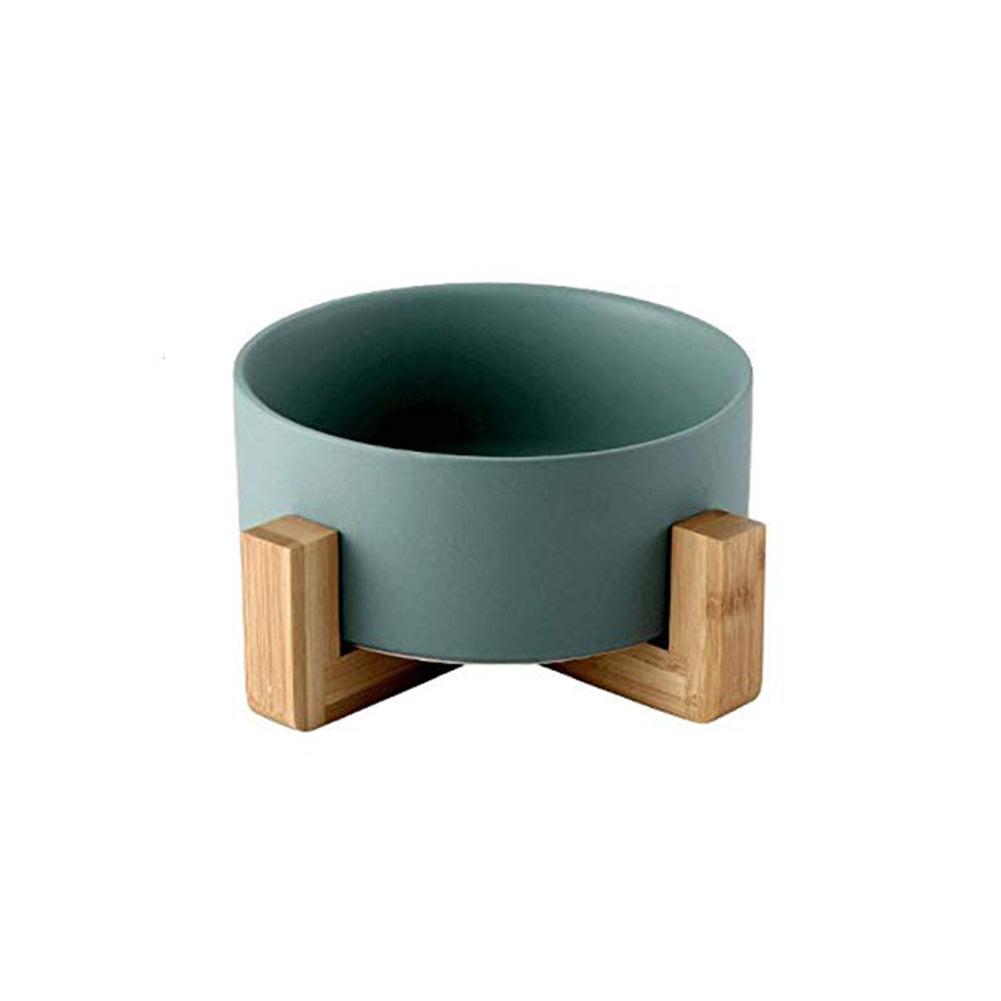Ceramic Bowl with Wooden Stand in Green-House of Pets Delight
