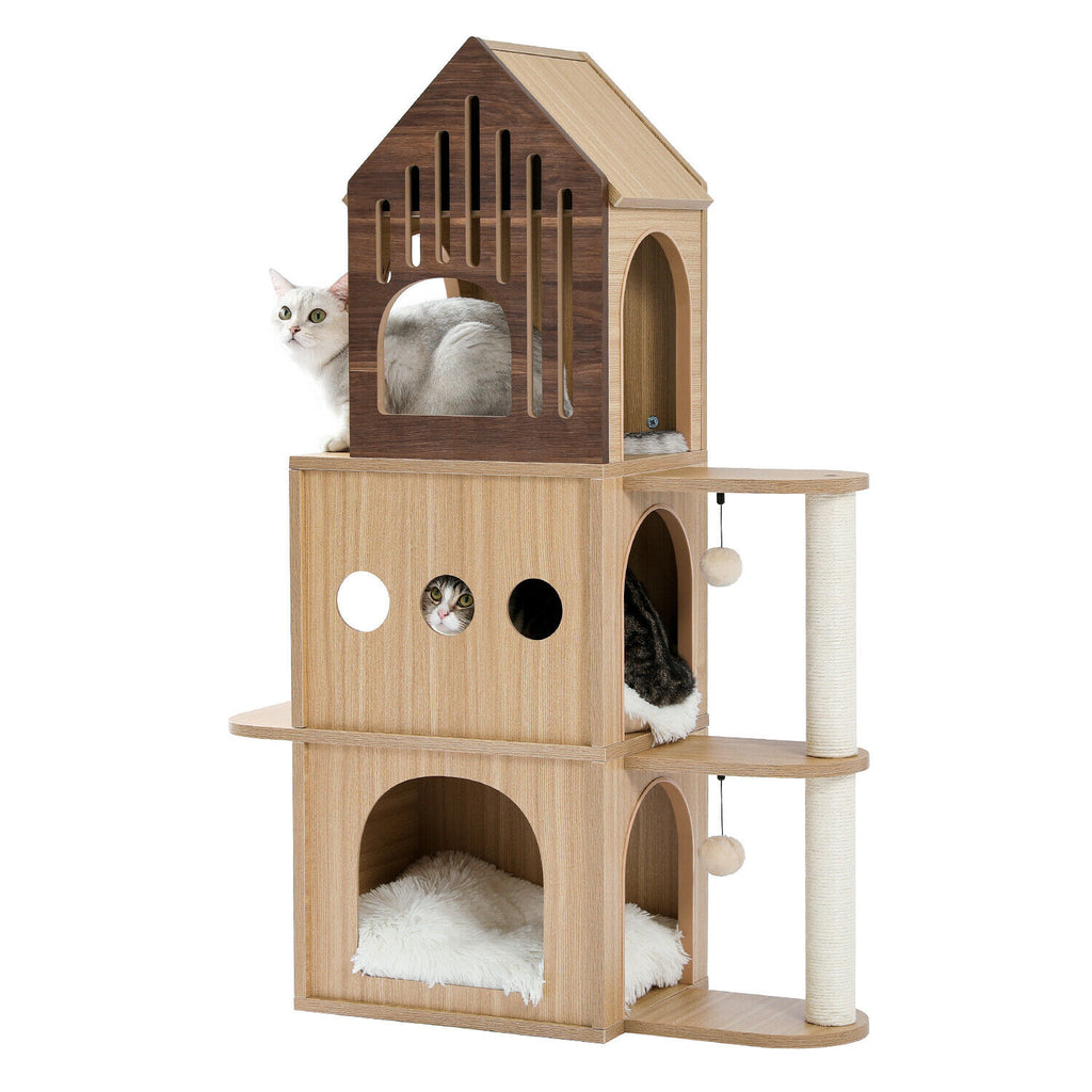 Luxury Wooden Cat Castle House With Storage Space-Pawz